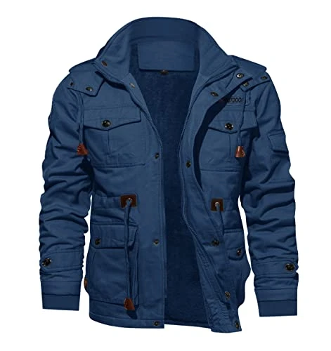 Men's Fleece Hoodies Jacket Winter Cargo Jackets Windbreaker Hunting Coat,Denim Blue,M