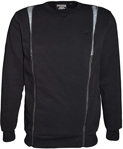 Mens Fleece Jumper Crew Neck Sweatshirt Designer Zips Long Sleeve Top (Small, Black)