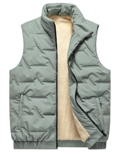 Men's Fleece Lined Gilet Winter Thick Body Warmer Stand Collar Plush Sleeveless Jacket Windproof Puffer Gilet for Men UK Outdoor Warm Down Cotton Quilted Gilet Padded Coat Outwear Green 3XL