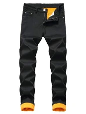 Mens Fleece Lined Jeans Straight Trousers Denim Thermal Jeans Winter Warm Thick Pants with Pockets for Hiking Camping Climbing 34 Black