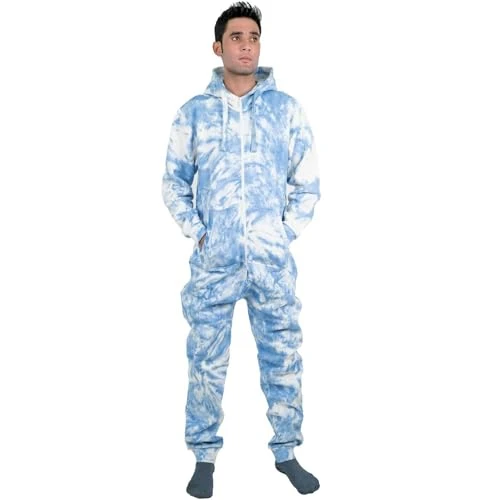 Men's Fleece Tie-Dye All-in-One Unisex Adult Hooded Onesie Pyjamas Jumpsuit (L, Blue)