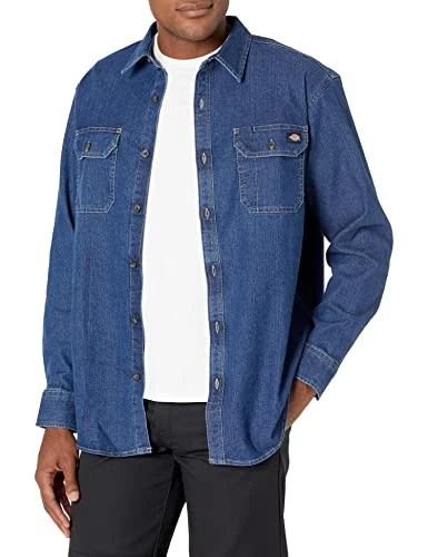 Men's Flex Long Sleeve Shirt Button, Medium Denim Wash, S