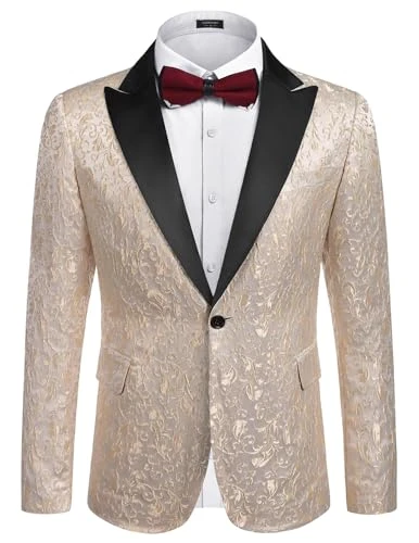 Mens Floral Blazer Suit Jacket Dinner Party Prom Wedding Stylish Tuxedo, Golden, M - 1 - Golden