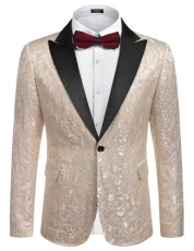 Mens Floral Blazer Suit Jacket Dinner Party Prom Wedding Stylish Tuxedo, Golden, M - 1 - Golden