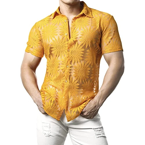 Mens Floral Lace Shirt See Through Short Sleeve Casual Button Down Shirts Yellow Sunflower X-Large