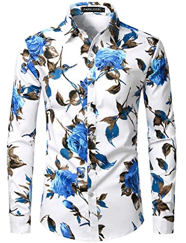 Men's Floral Printed Long Sleeve Button Down Party Casual Fancy Floral Shirts PZLCL04 101 Blue XL