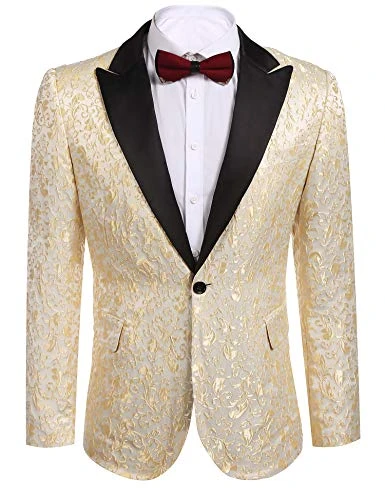Men's Floral Suit Jacket Smart Blazer Bright Prints Tuxedo Jackets Party Wedding Übergroß Coat Golden 3XL