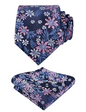 Mens Floral Tie with Pocket Square Fashion Elegant Wedding Business Necktie Set, Navy+Pink+White