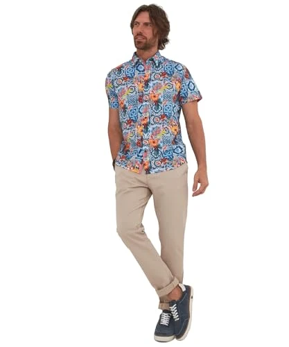 Men's Floral Tile Print Short Sleeve Shirt, Blue Multi, L