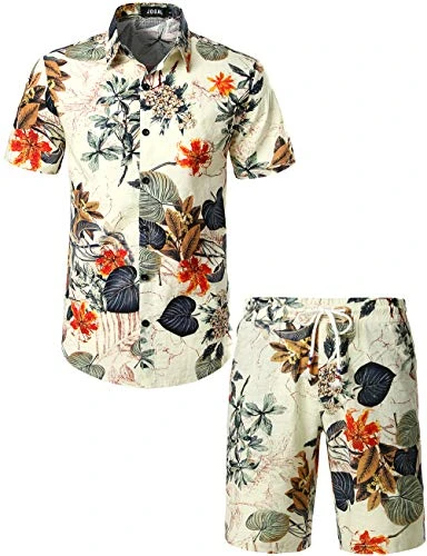 Mens Flowers Casual Aloha Hawaiian Shirt and Short Suits X-Large White