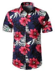 Mens Flowers Casual Aloha Hawaiian Shirt Medium A334 Navy