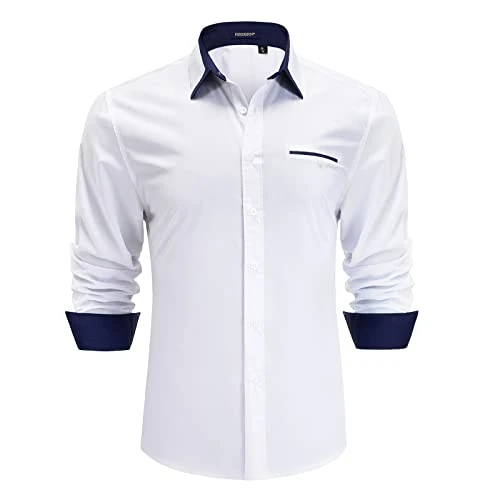 Mens Formal Dress Shirts Classic White Long Sleeve Casual Button Down Collar Shirt Regular Fit L