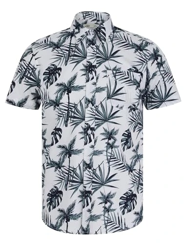 Men's 'Fortuna' Palm Leaf Print Short Sleeve Cotton Poplin Hawaiian Shirt Bright White