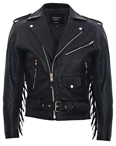 Mens Fringe Hide Leather Brando Tasseled Motorcycle Jacket Retro Biker L Black