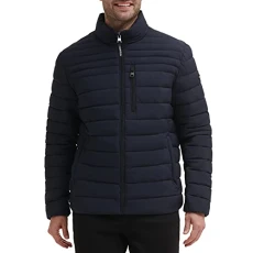 Men's Full Zip Down Puffer Coat Jacket, Navy, L
