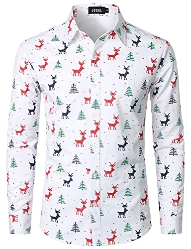 Mens Fun Christmas Print Santa Claus Shirts Long Sleeve Button Up Dress Shirts White Medium