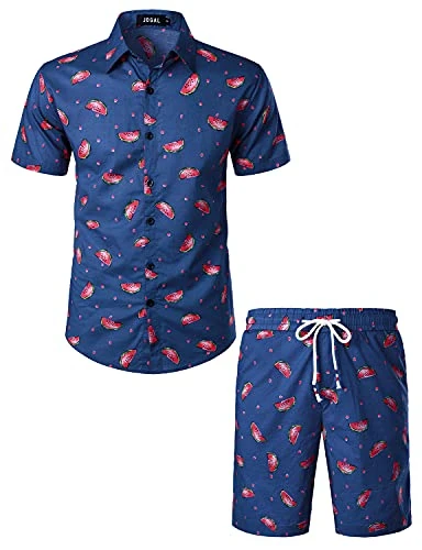 Mens Fun Fruit Print Hawaiian Shirts Suits Short Sleeve Casual Button Down Beach Shirt and Shorts Outfits Blue Watermelon Large