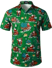 Mens Fun Hawaiian Christmas Santa Claus Print Shirts Short Sleeve Casual Button Down Shirts Green Moto Small