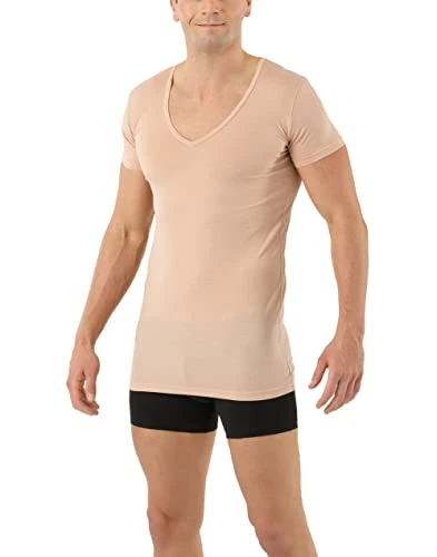 Men's Functional Undershirt Merino Wool-Tencel™ Lyocell Short Sleeve deep v-Neck Invisible Beige L