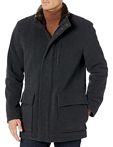 Men's Fur Lined Full Zip Wool Plush Car Coat, Charcoal/Grey, M