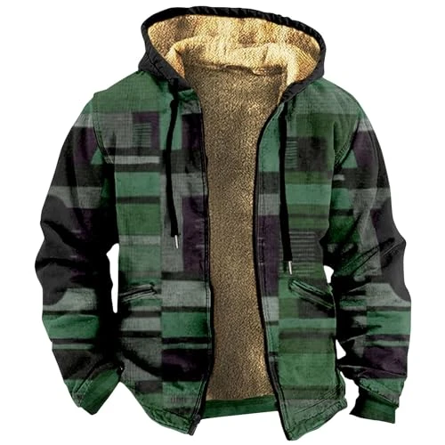 Mens Fuzzy Sherpa Jacket Long Sleeve Fleece Zip Up Coat Tops for Men for Teenage Boys Plain Crewneck Sweatshirt Grey T Shirts with Pocket（1-Dark Green,X-Large）