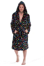 Mens Game Over Dressing Gown with Hood - All Over Print Retro Games Design - Supersoft Flannel Fleece - Mens Sizes S - XL (M/L)