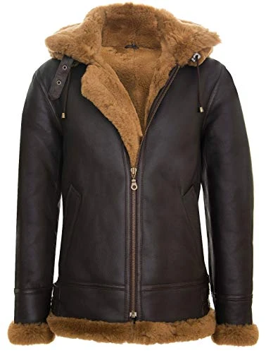 Men's Genuine Ginger Brown Leather Sheepskin Flying Hooded Bomber B3 Aviator Pilot Jacket 5XL