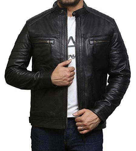 Mens Genuine Lambskin Leather Biker Jacket Black