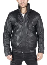 Mens Genuine Leather Bomber Jacket Leather Classic Vintage Style Casual Regular Fit - Black XXL