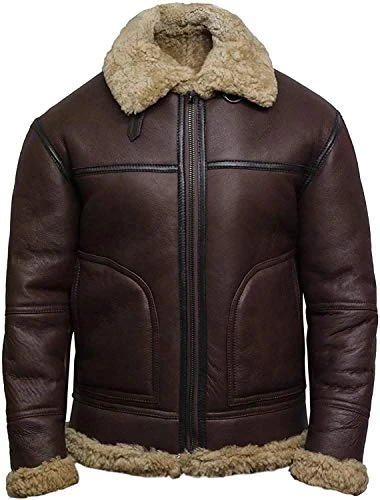 Mens Genuine Shearling Sheepskin Leather Bomber Pilot B3 Jacket Thick Wool Insider (Brown, XXL)