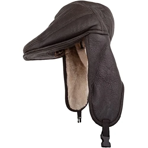 Mens Genuine Sheepskin Aviator Finish Cap with Ear Flaps and Clasp - Dark Forest - Large