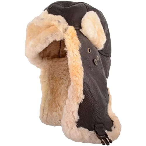 Mens Genuine Sheepskin Aviator Pilot Hat with Ear Flaps - Dark Forest - Large