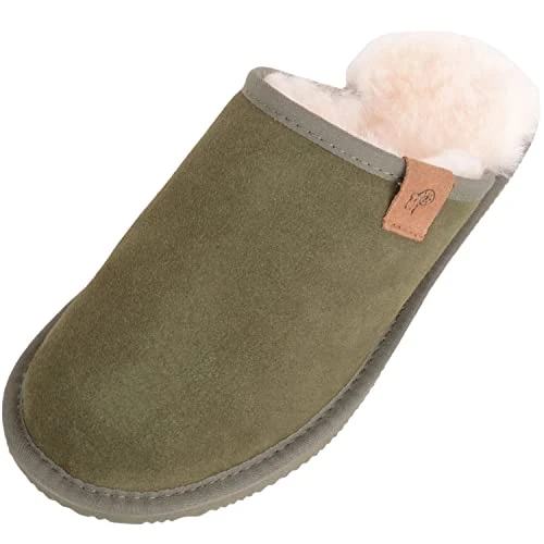 Mens Genuine Sheepskin Open Back Winter Mule Slipper with EVA Sole - Olive/Natural - UK 9