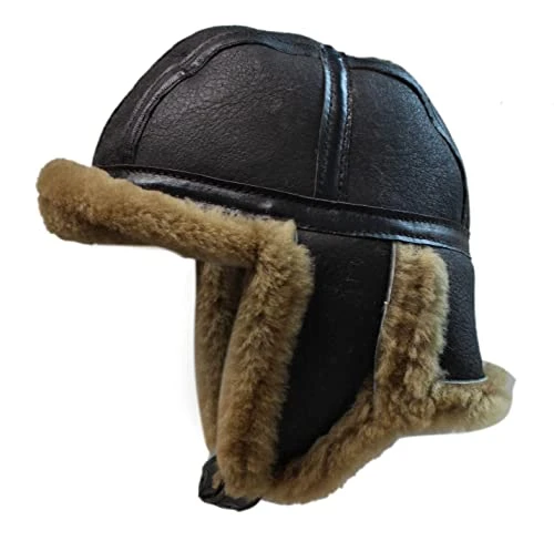 Mens Genuine Sheepskin Pilot Aviator Trapper Hat Brown Ginger Beige Flying