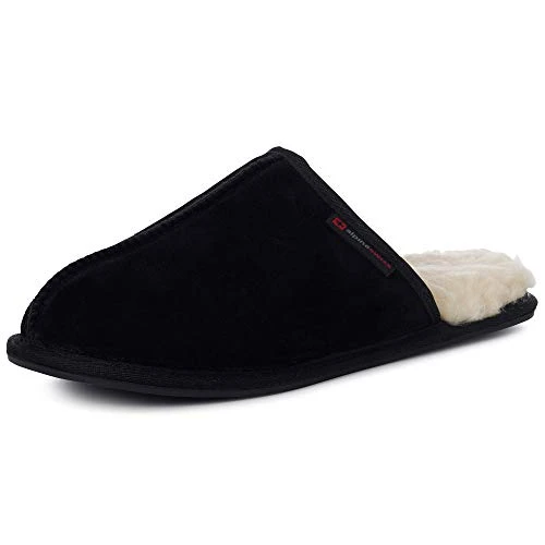 Mens Genuine Suede Memory Foam Scuff Slippers BLK 9