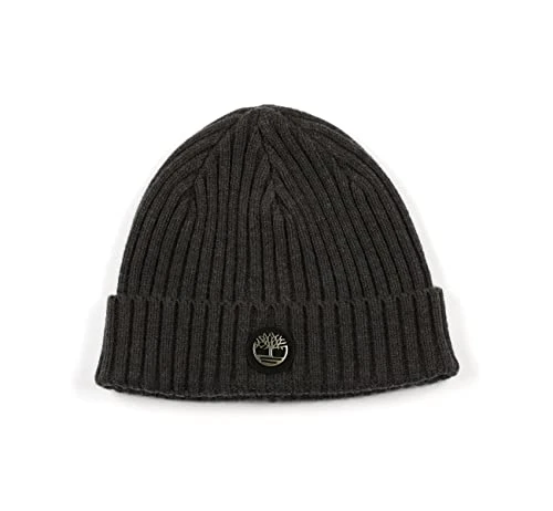 Men's Gerippte Uhrenkappe mit Logoplatte Beanie Hat, Anthracite Grey, One Size