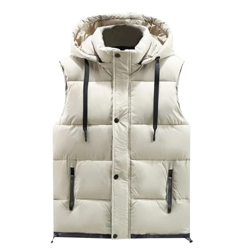 Mens Gilet with Hooded Body Warmer Winter Quilted Padded Vest Casual Sleeveless Jacket Beige XL