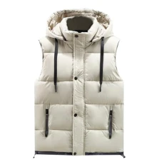 Mens Gilet with Hooded Body Warmer Winter Quilted Padded Vest Casual Sleeveless Jacket Beige XL