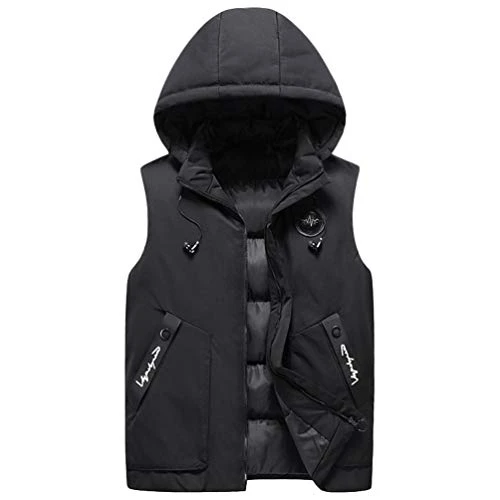 Mens Gilets Casual Outdoor Quilted Body Warmer Winter Padded Sleeveless Jackets with Hood Black M