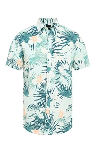 Mens Green Hawaiian Shirt Regular Fit Linen/Cotton Blend Floral Print Short Sleeve-M