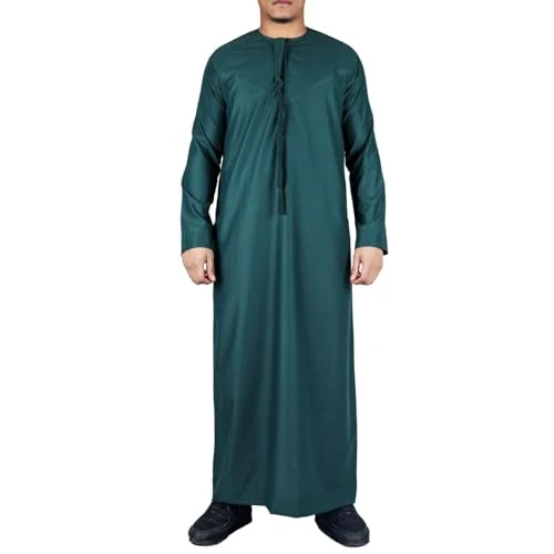 Men's Green Thobe Emirati Islamic Jubba Robe Eid Tassel Regular Fit