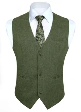 Mens Green Waistcoat Classic Formal V Neck Plain Waistcoats for Men Wedding Party Cotton Suit Vest with Pockets M