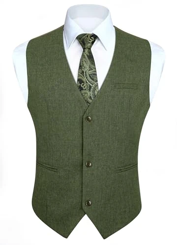 Mens Green Waistcoat Classic Formal V Neck Plain Waistcoats for Men Wedding Party Cotton Suit Vest with Pockets M
