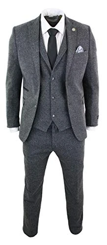 Mens Grey Black 3 Piece Tweed Suit Herringbone Wool Vintage Retro