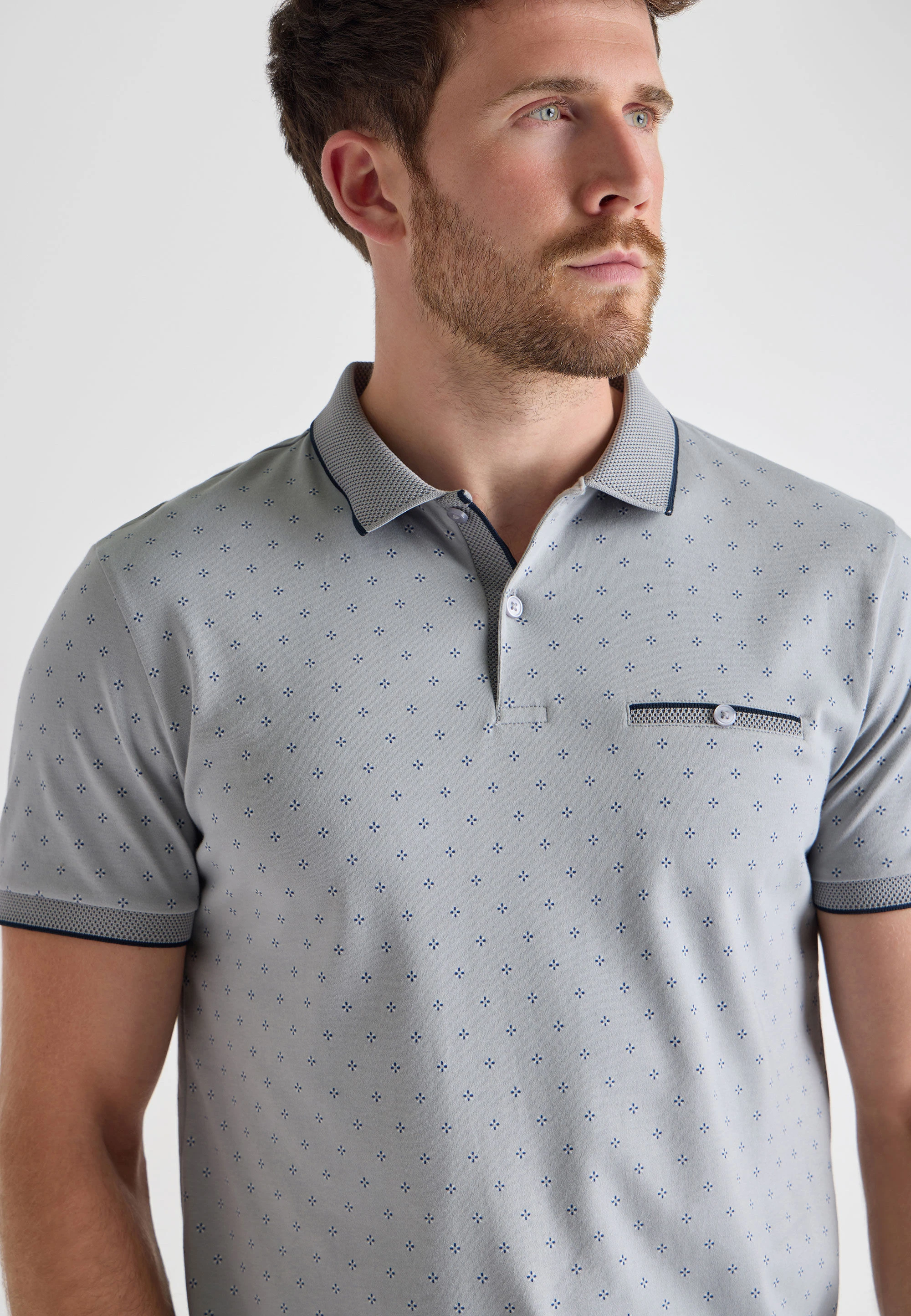 Mens Grey Ditsy Print Polo Shirt