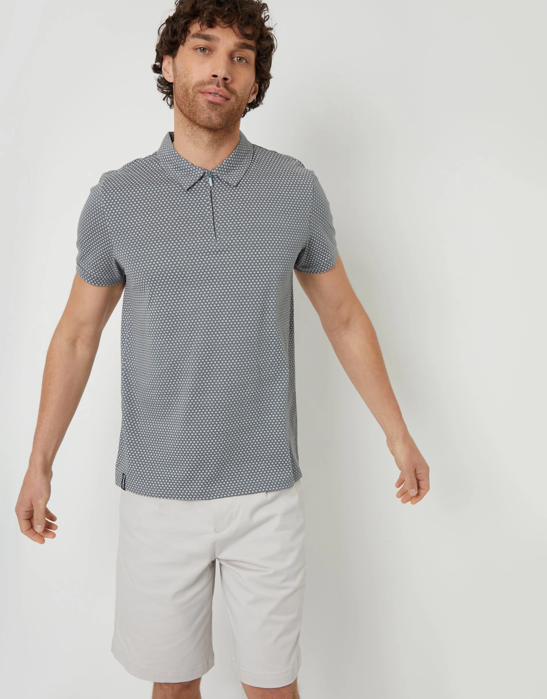 Men's Grey Geometric Print Zip Collar Polo Shirt