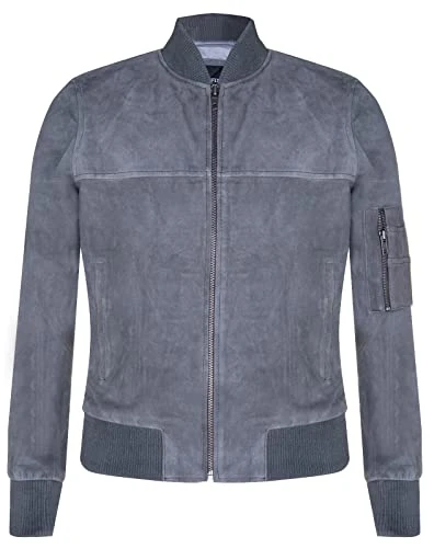 Mens Grey Goat Suede Bomber Jacket Real Genuine Leather MA-1 Varsity Retro XL
