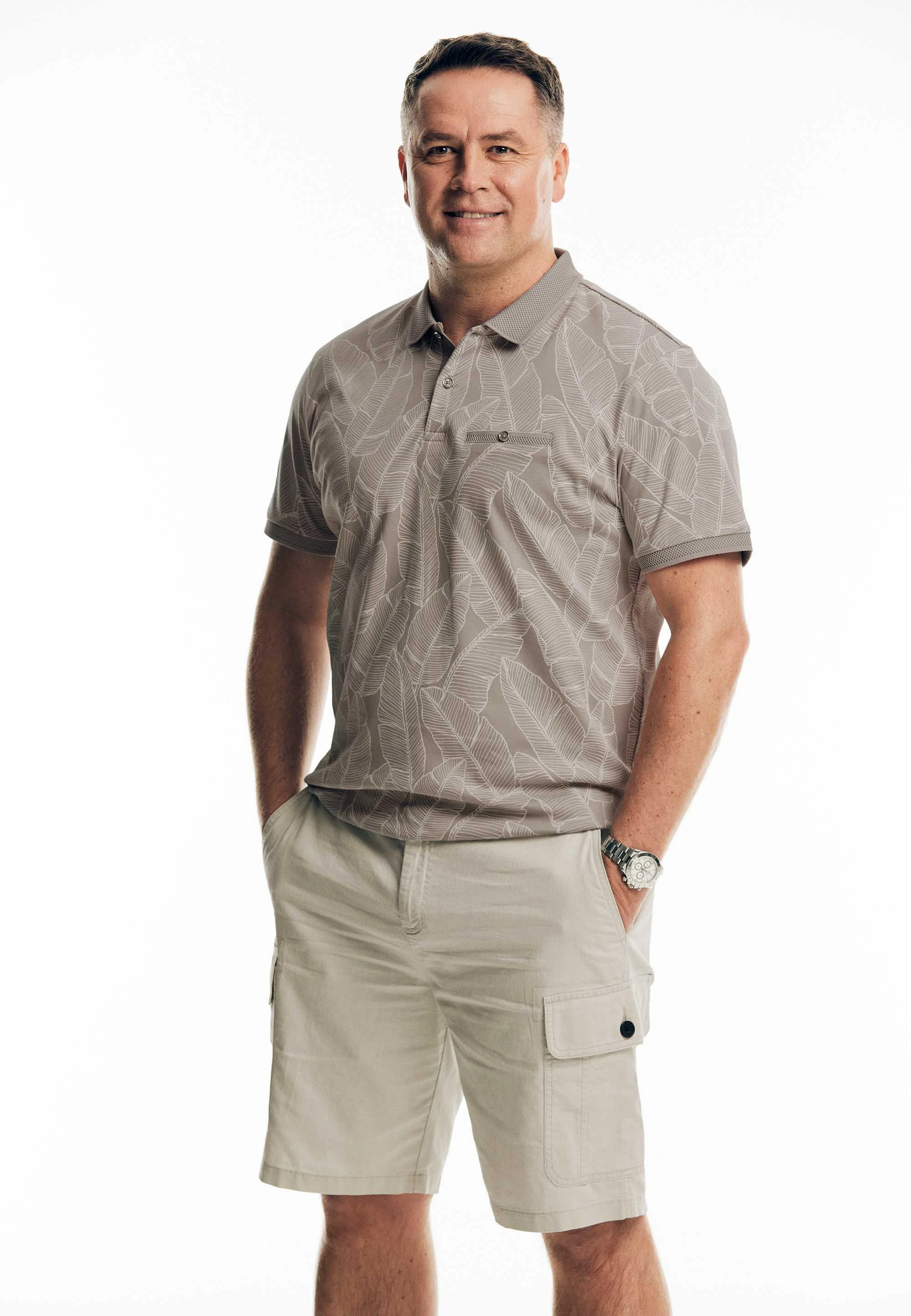 Mens Grey Leaf Print Polo Shirt