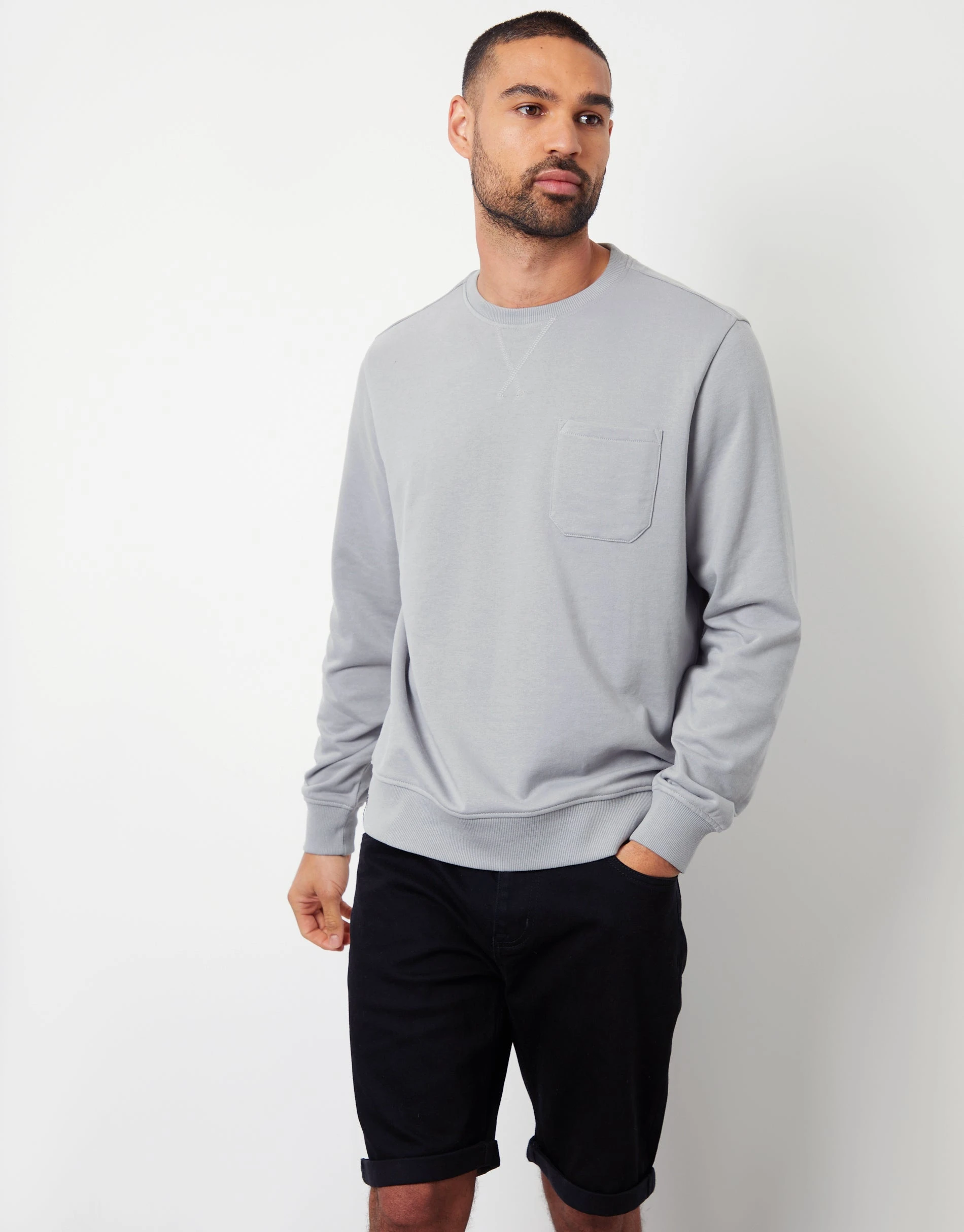 Men's Grey Loopback Crew Neck Sweatshirt with Pocket