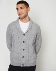 Men's Grey Marl Cable Knit Shawl Cardigan